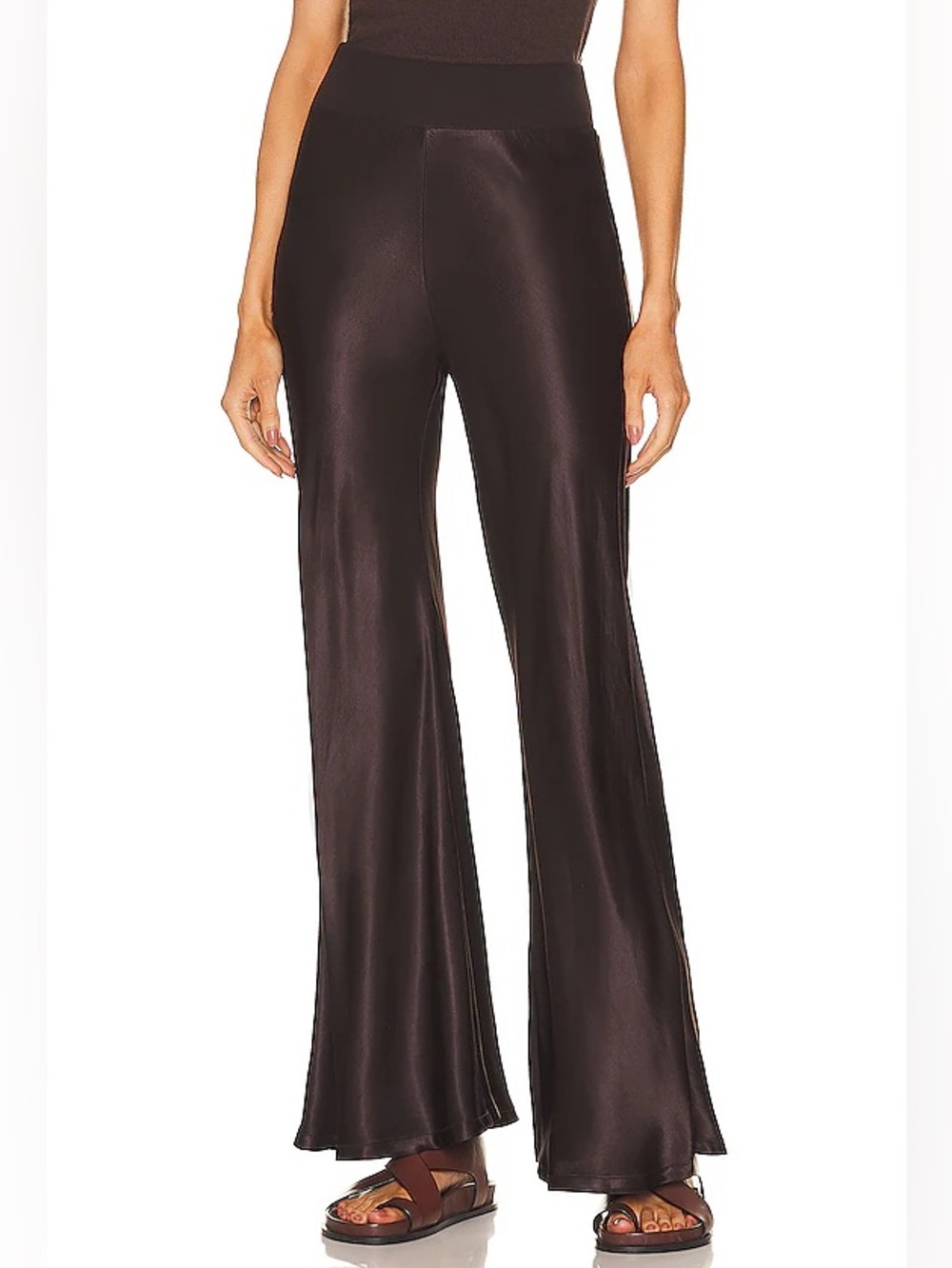 Enza Costa Satin Dark Chocolate Brown Bias Cut Pants 2 M Pullon Flare Fall Boho